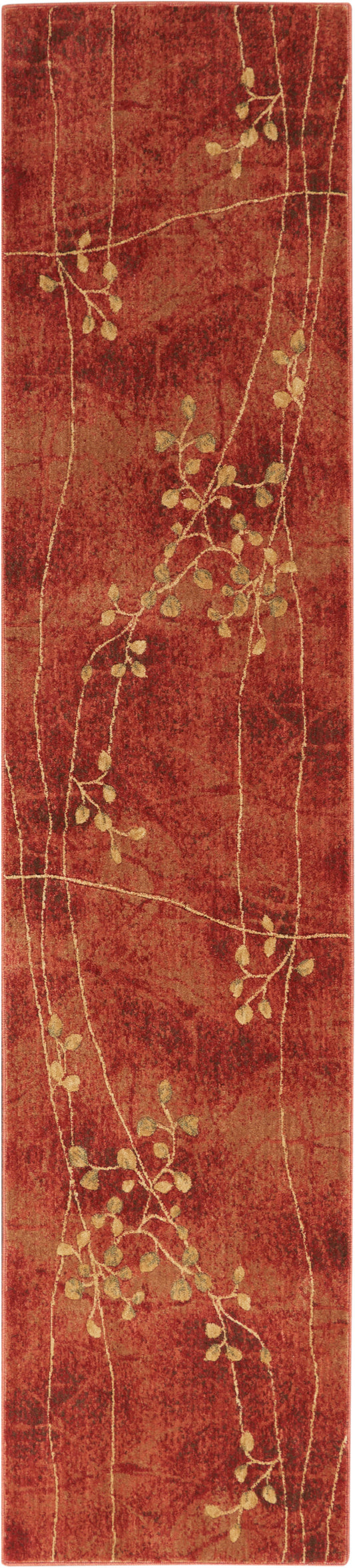 Red rust runner rug with gold vine pattern, slender branches and small leaves; plush texture, hallway decor.