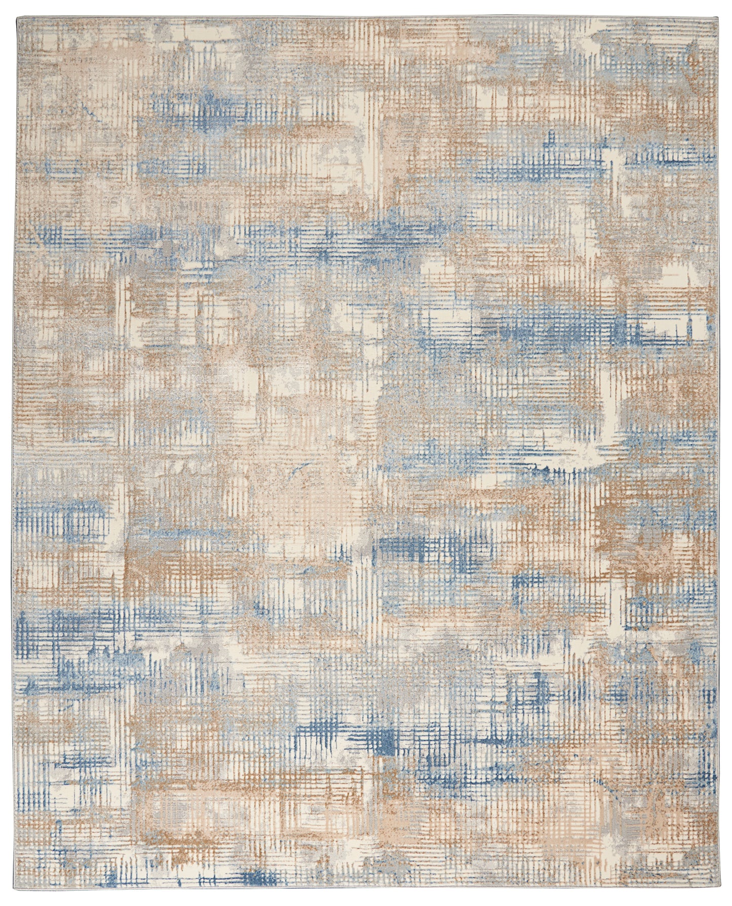 Abstract beige and blue area rug with textured patchwork and linear brush-stroke pattern.