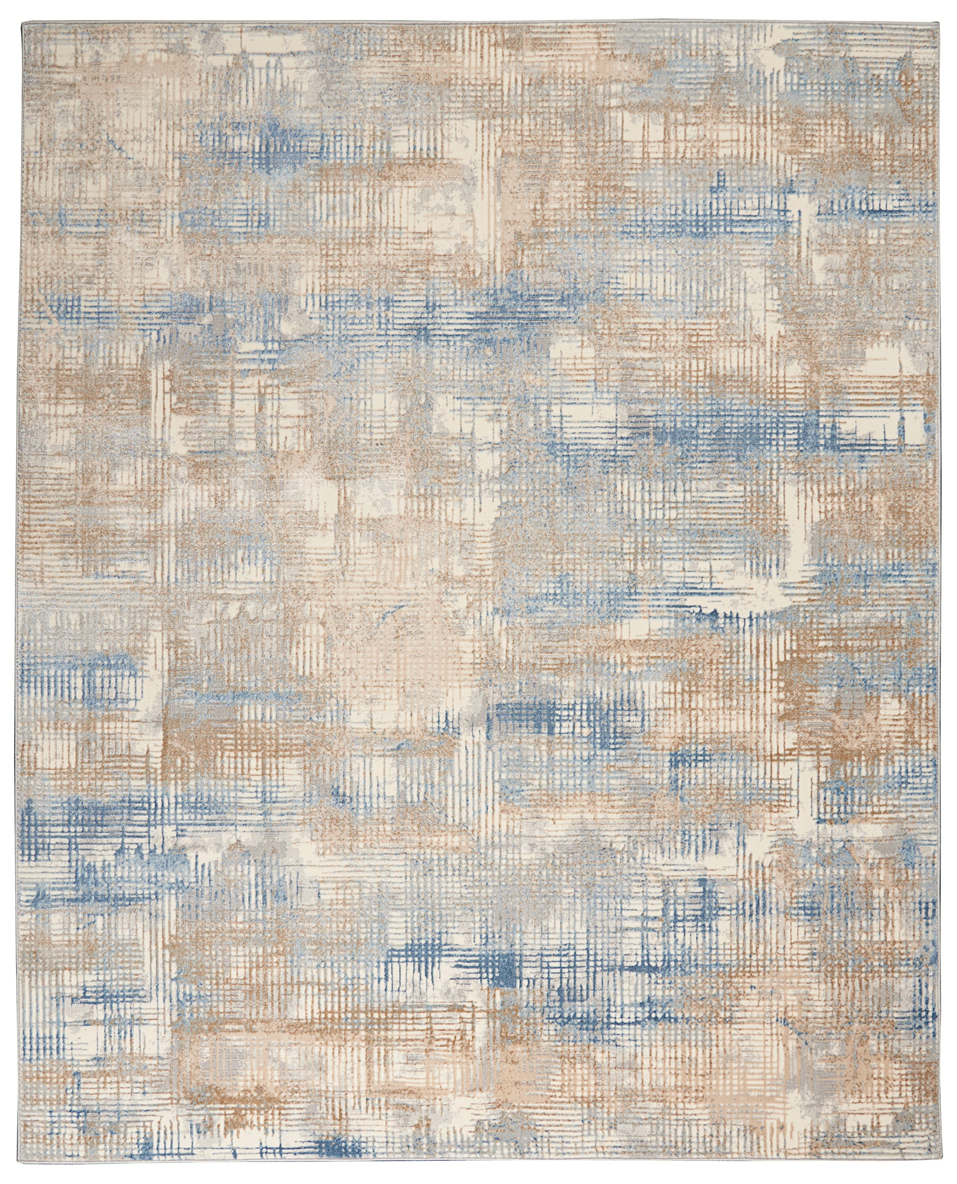 Abstract beige and blue area rug with textured patchwork and linear brush-stroke pattern.