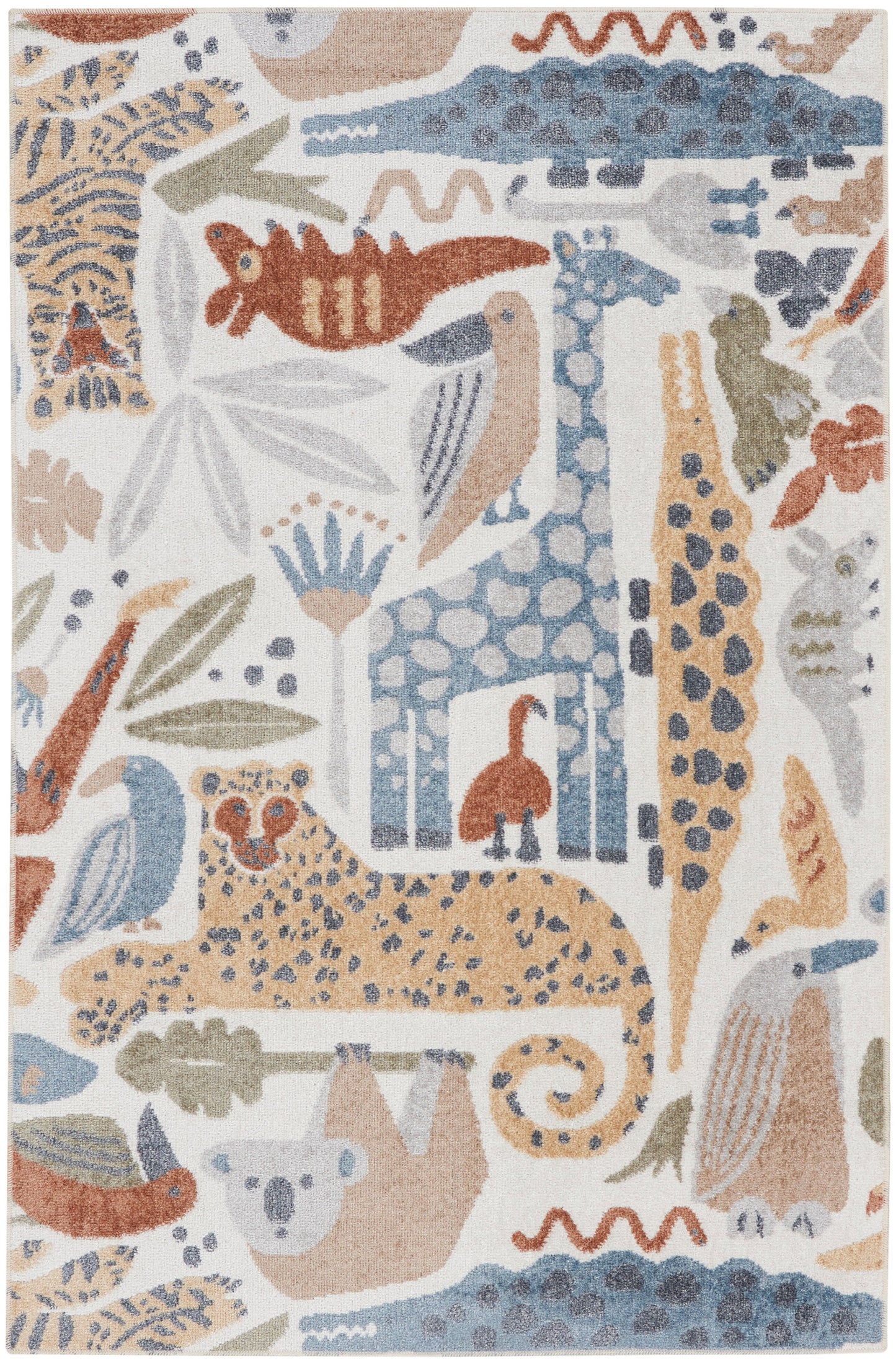 Playful dinosaur-pattern area rug in pastel blues, greens and orange on a light beige background; whimsical animal silhouettes.
