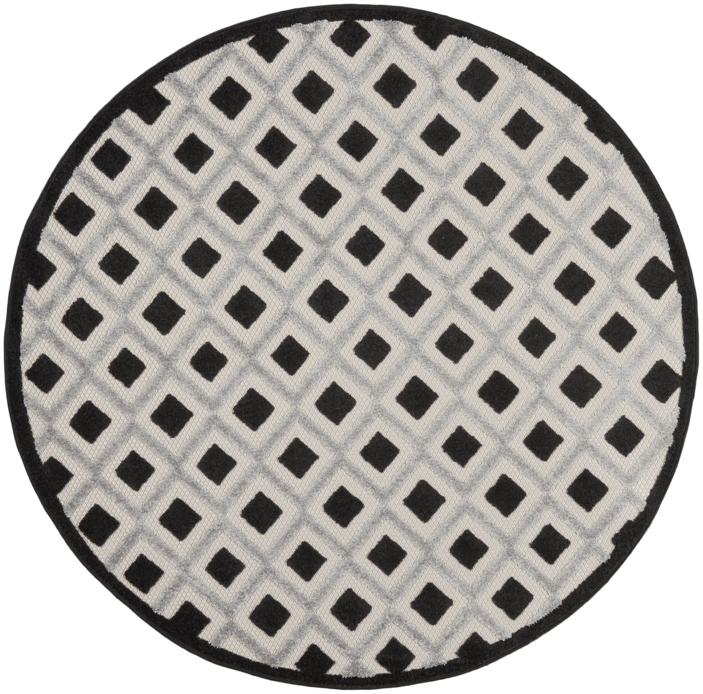 Round rug with light gray field and black diamond lattice pattern, black edge.