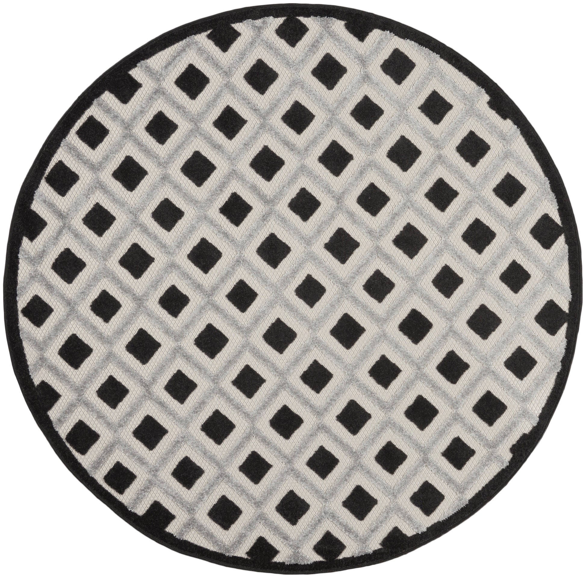 Round rug with light gray field and black diamond lattice pattern, black edge.