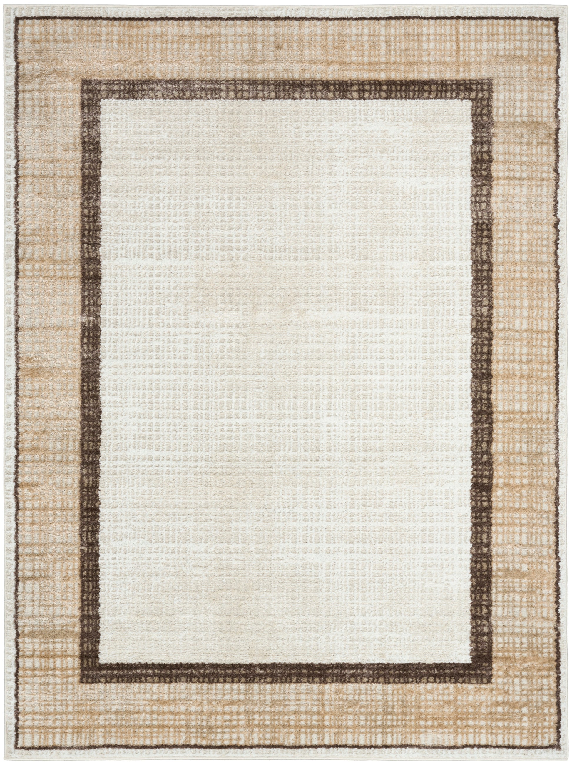 Rectangular beige rug with double borders: dark brown inner frame and light tan outer frame; textured woven fiber.
