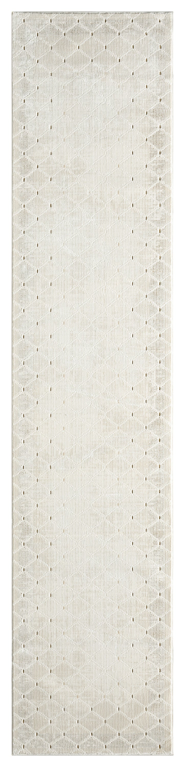Cream textured rug runner with diamond lattice and small perforations; woven hallway rug.
