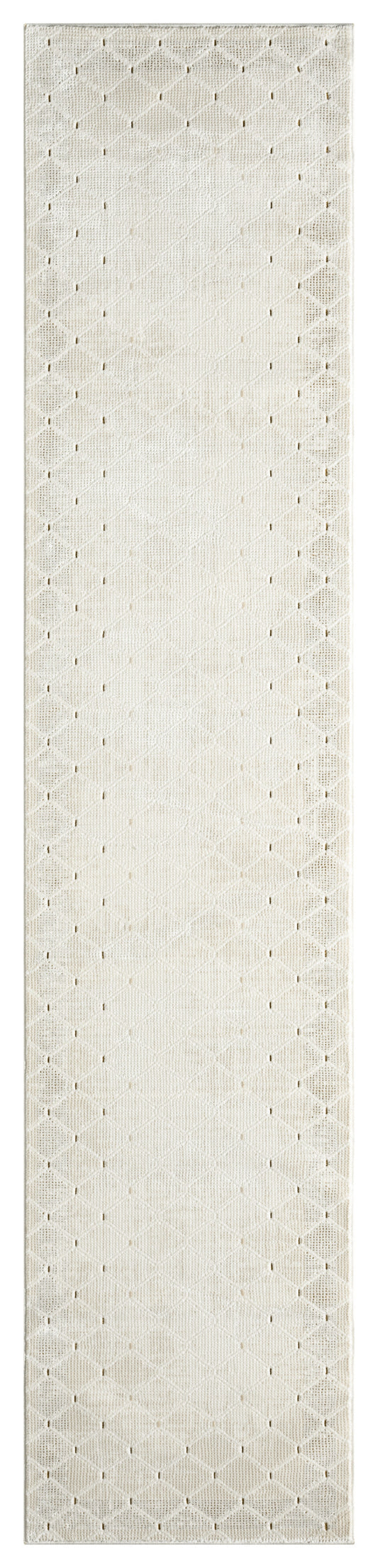 Cream textured rug runner with diamond lattice and small perforations; woven hallway rug.