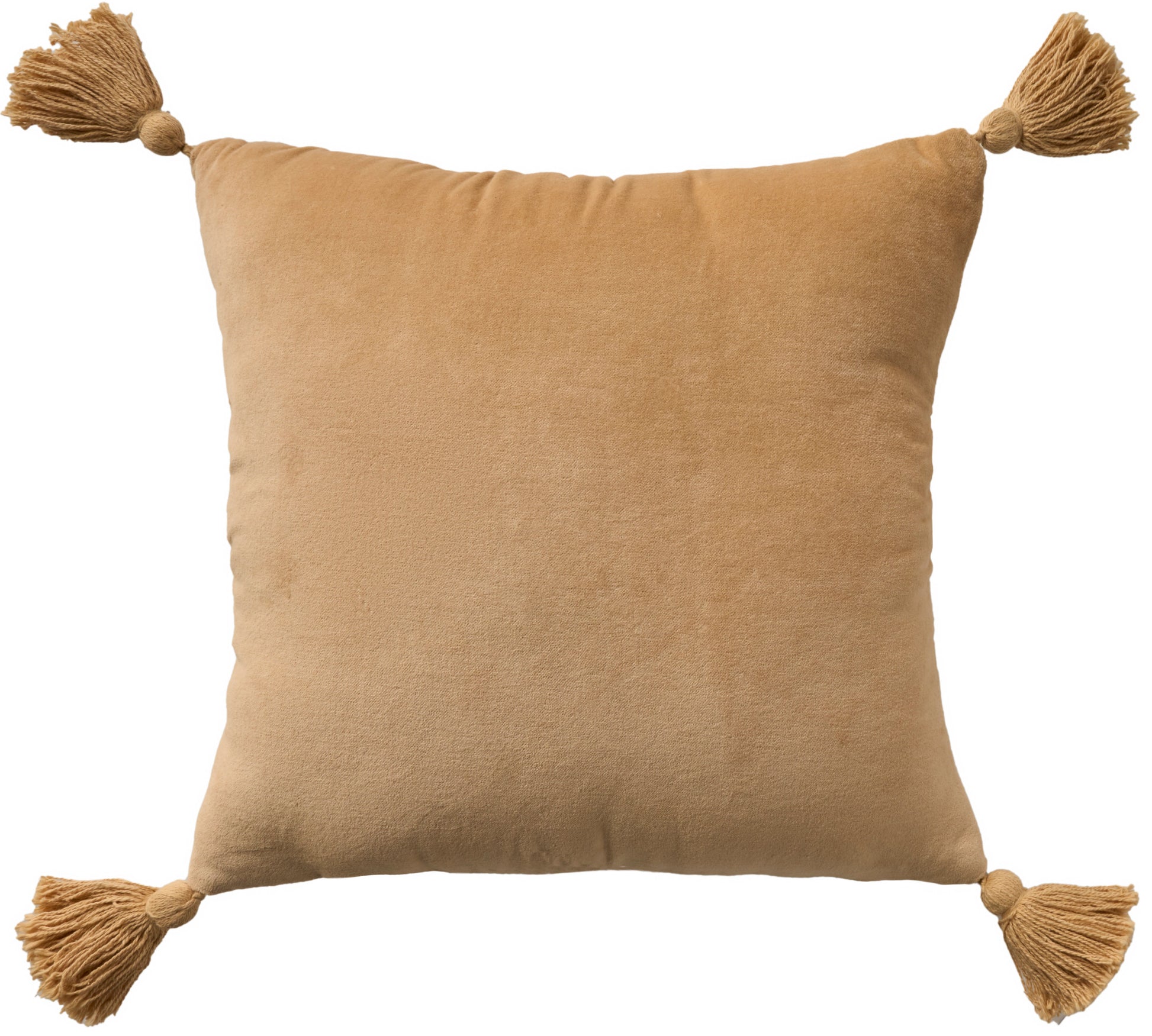 Beige velvet square throw pillow with tassels on all four corners.