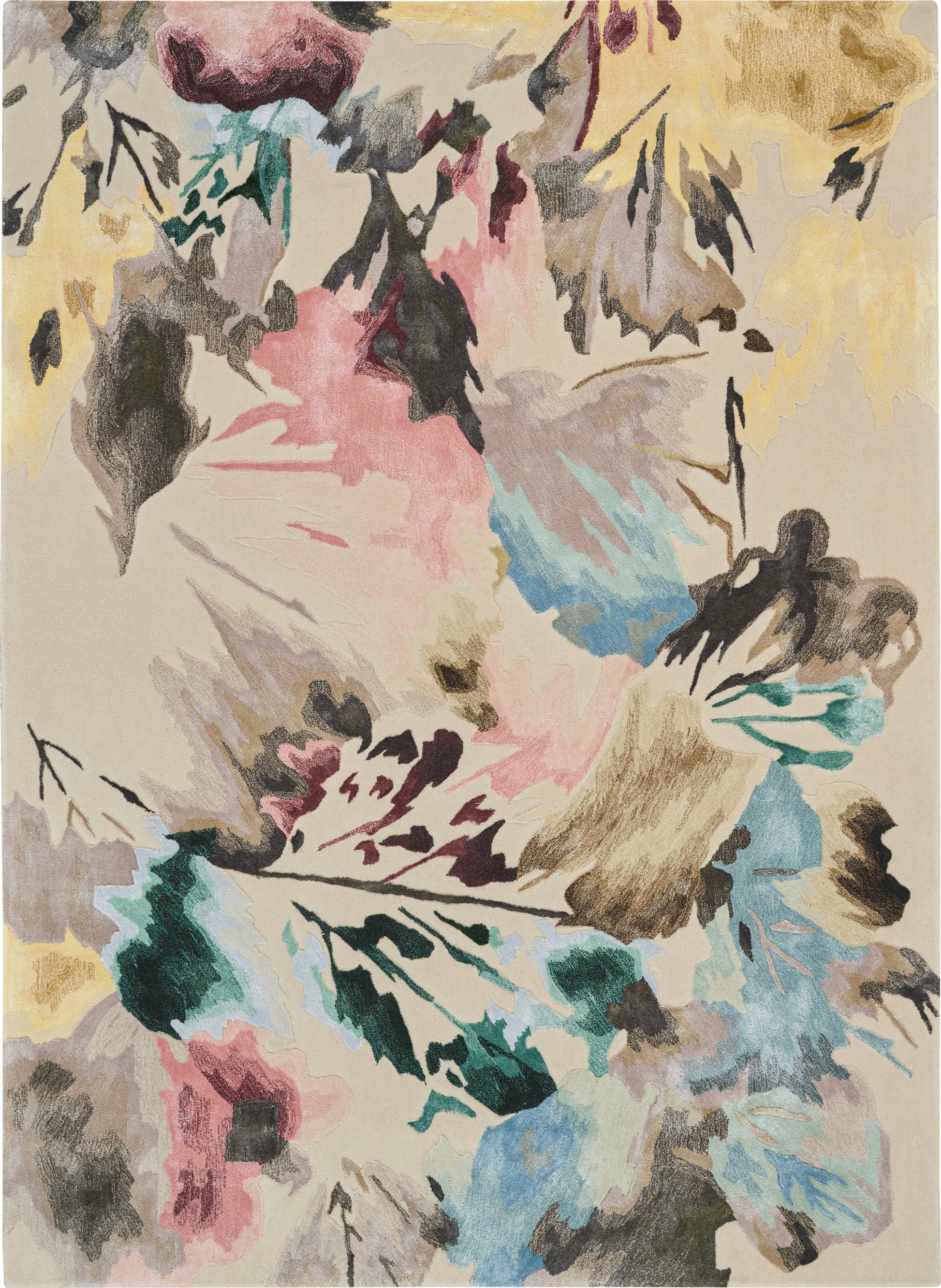 Abstract floral area rug with painterly blossoms in soft pastels on a beige background.