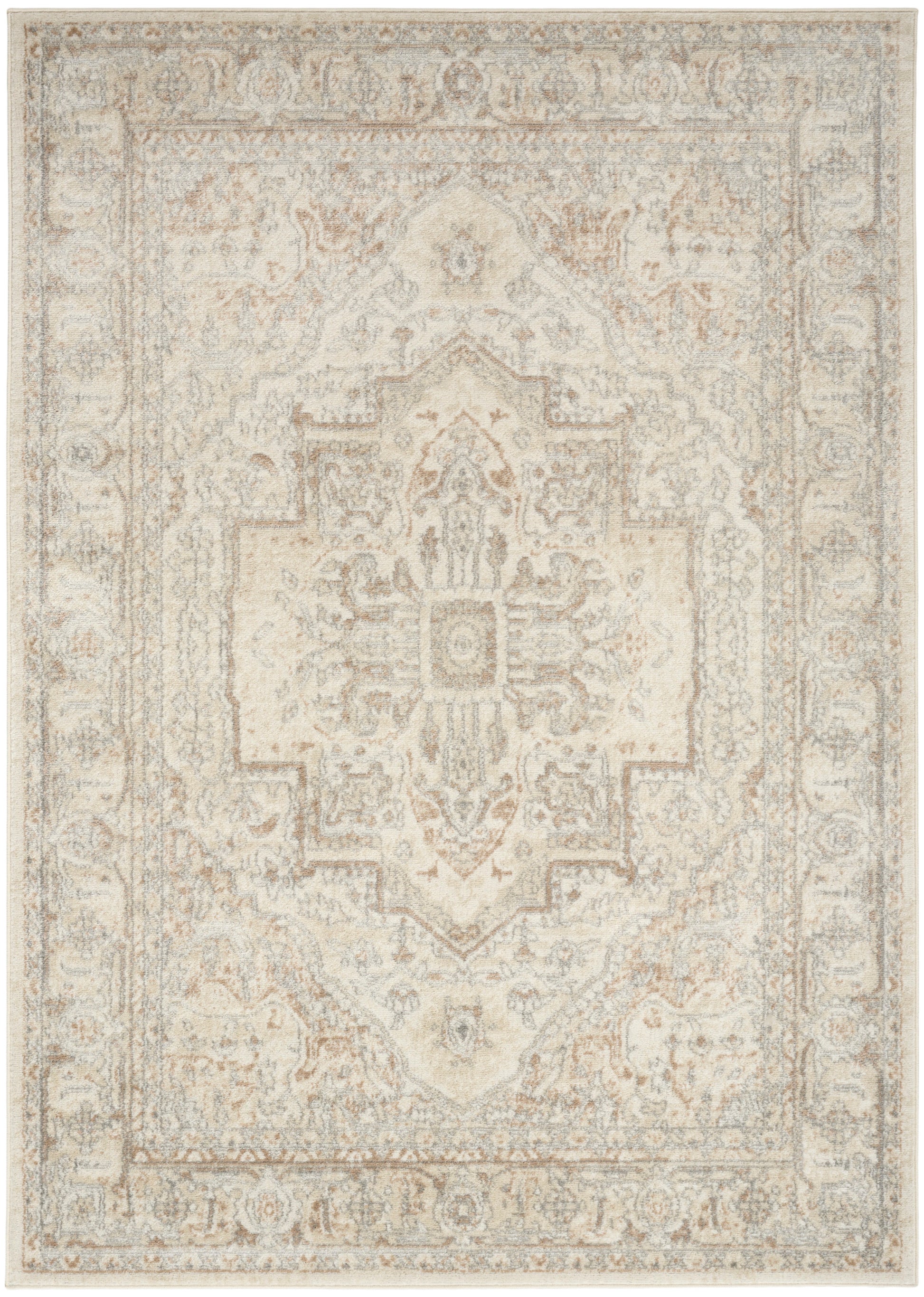 Beige oriental area rug with central medallion and floral border; muted taupe pattern for living room decor.