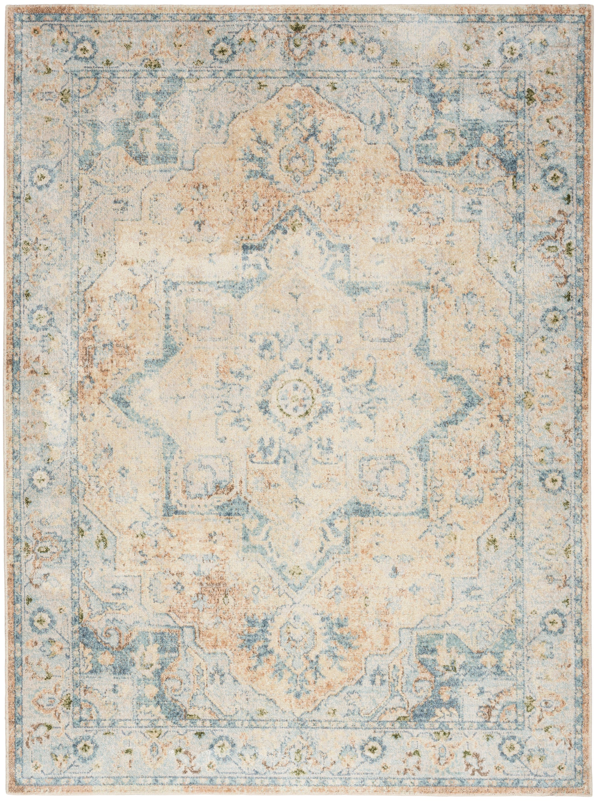 Distressed oriental area rug in pale blue, ivory and peach with a central medallion and ornate border.