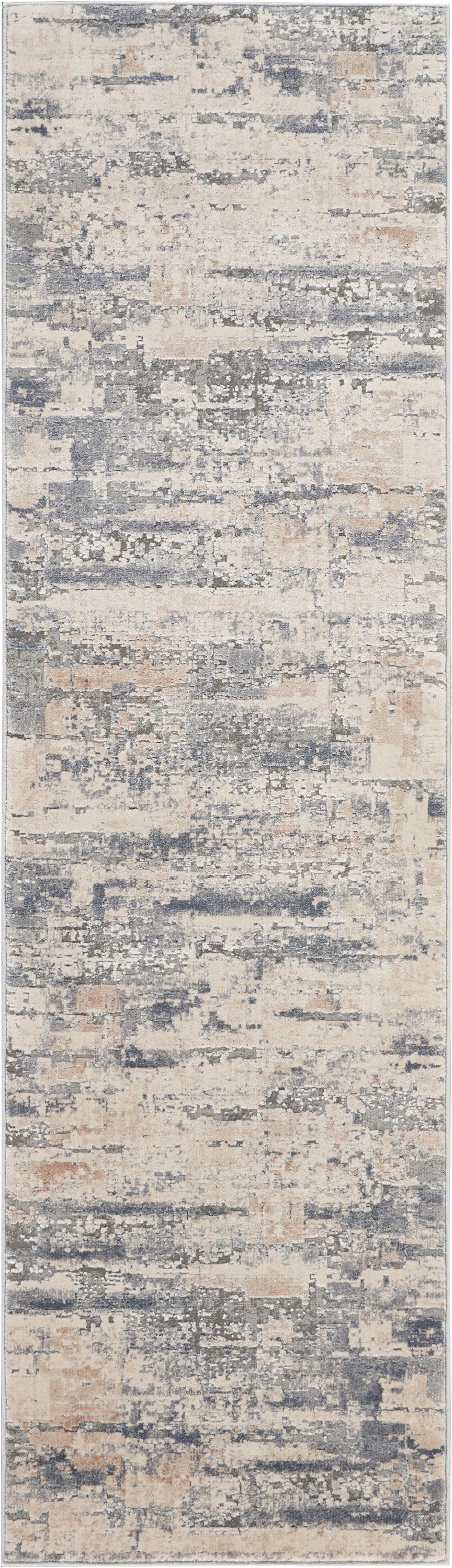 Long runner rug with abstract distressed pattern in cream, gray, and pale blue; modern contemporary design.