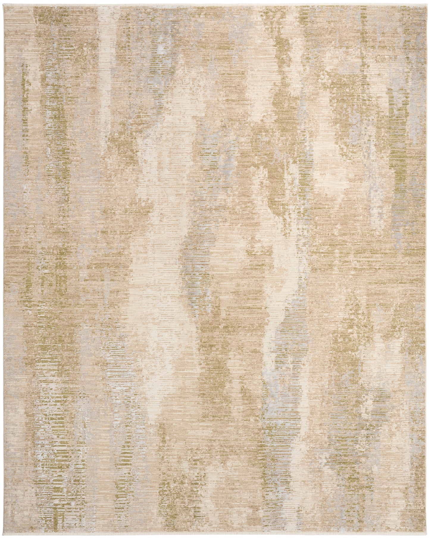 Beige abstract area rug with cream, tan and subtle blue-gray brushstrokes; rectangular, modern decor piece.
