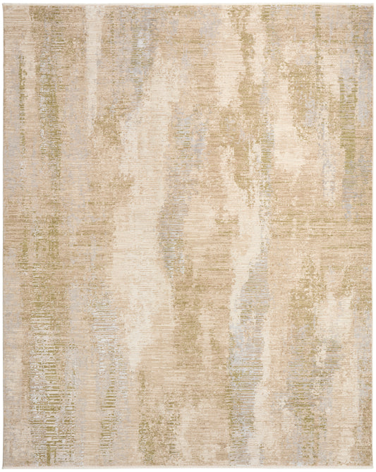 Beige abstract area rug with cream, tan and subtle blue-gray brushstrokes; rectangular, modern decor piece.