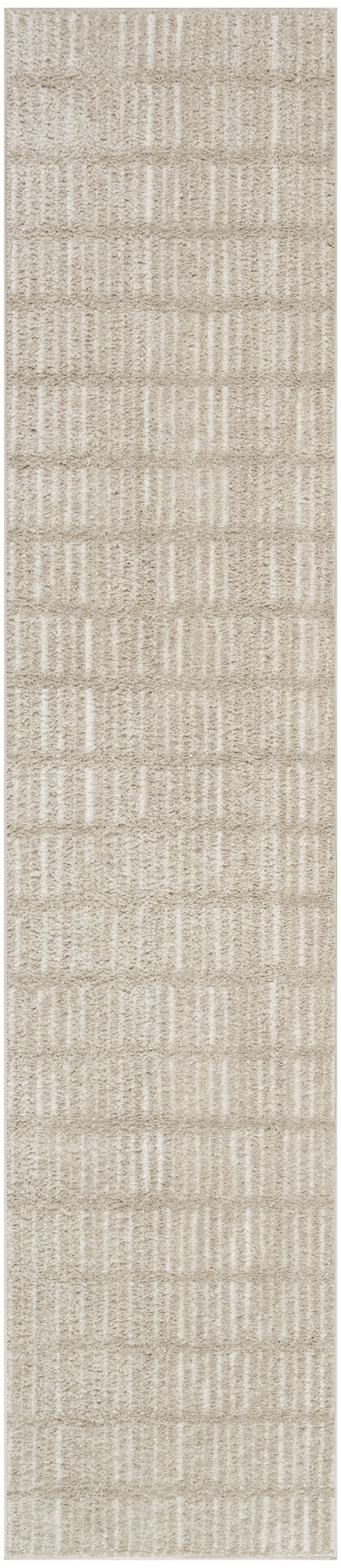 Beige rectangular rug runner with textured vertical stripes and soft shag pile for neutral decor.