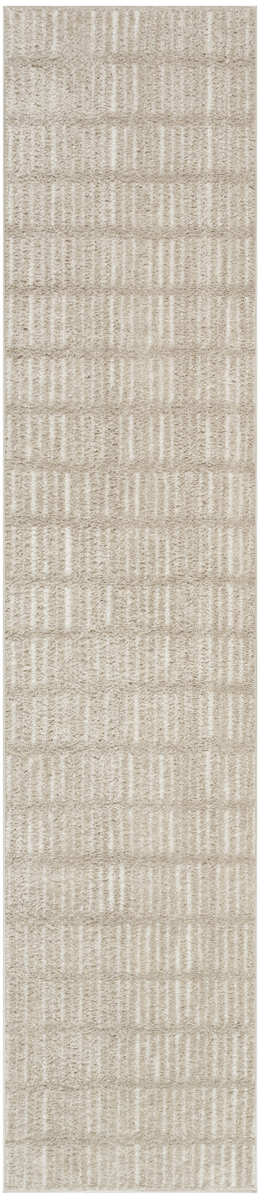 Beige rectangular rug runner with textured vertical stripes and soft shag pile for neutral decor.