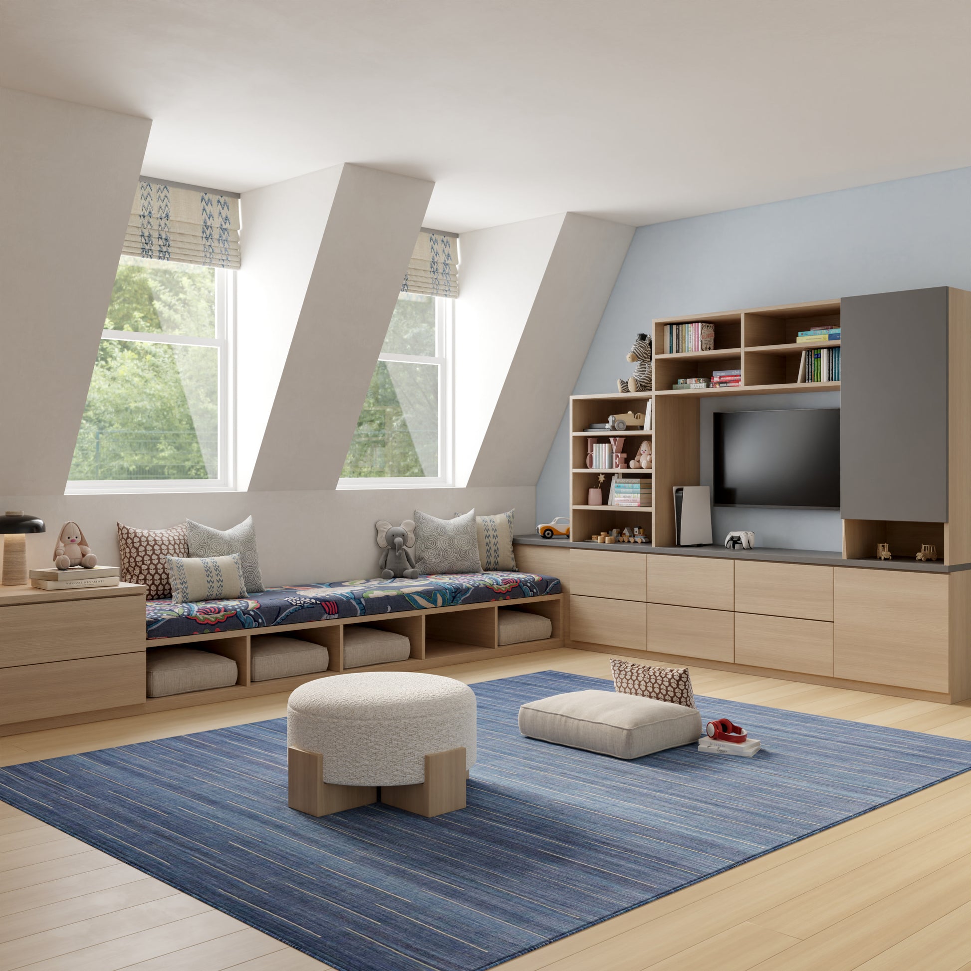 Modern kids' living room with built-in wooden seating/storage, bookshelf TV unit, blue rug, cushions and ottoman.