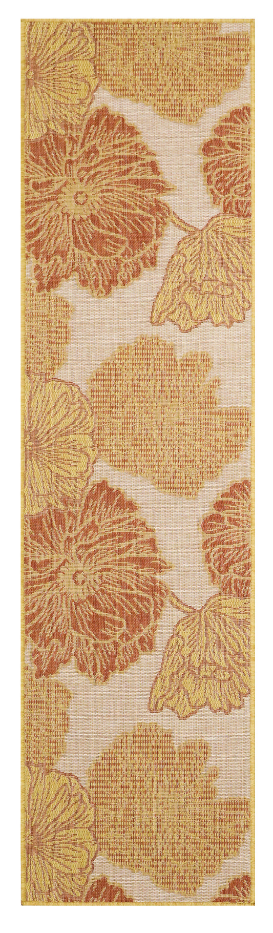 Tall bookmark featuring warm floral pattern with orange-red blooms and gold leaves on beige background and gold edge.