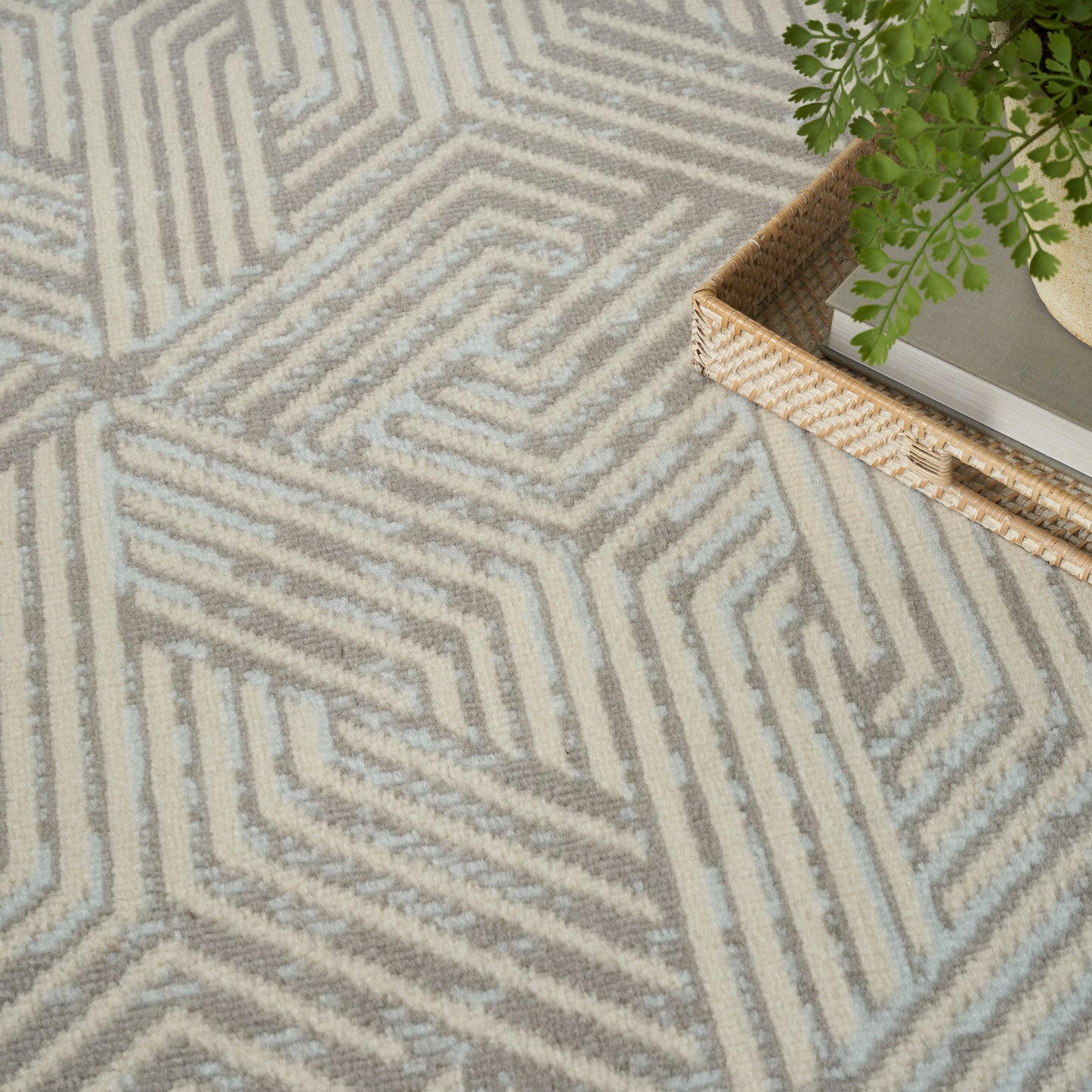 Beige and light gray geometric area rug with zigzag chevron pattern; woven texture beside a basket and plant.