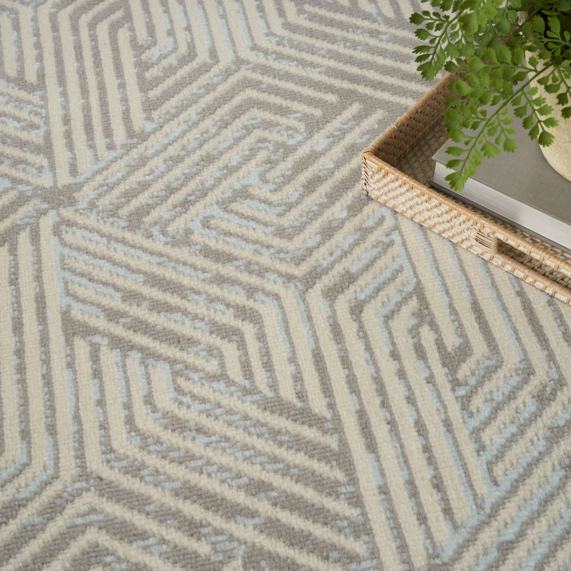 Beige and light gray geometric area rug with zigzag chevron pattern; woven texture beside a basket and plant.