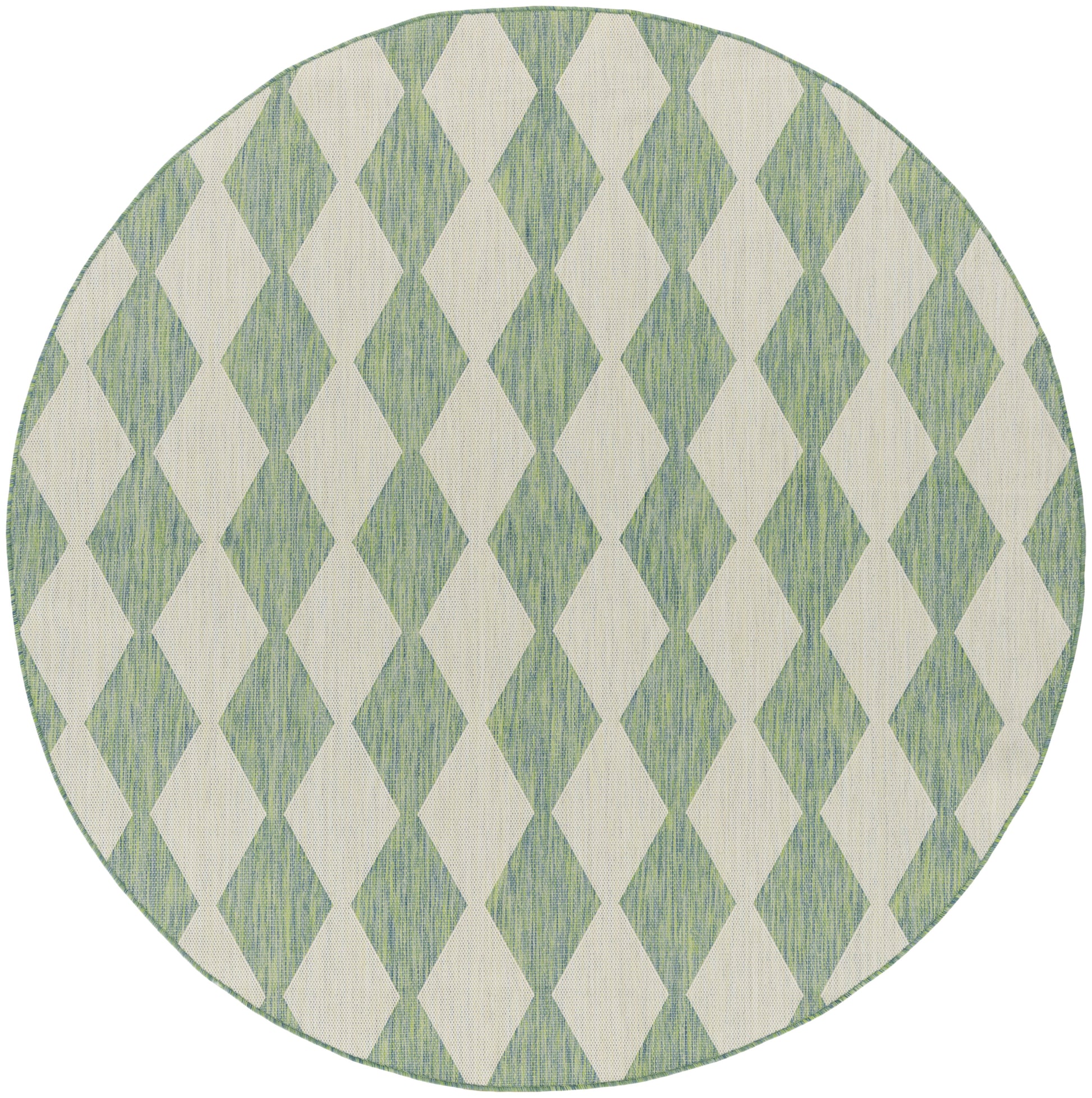Round rug with beige and sage-green diamond harlequin pattern and a woven textured surface.