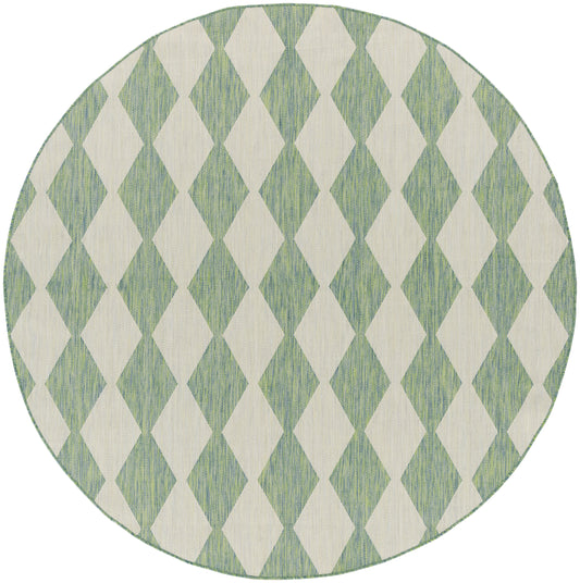 Round rug with beige and sage-green diamond harlequin pattern and a woven textured surface.