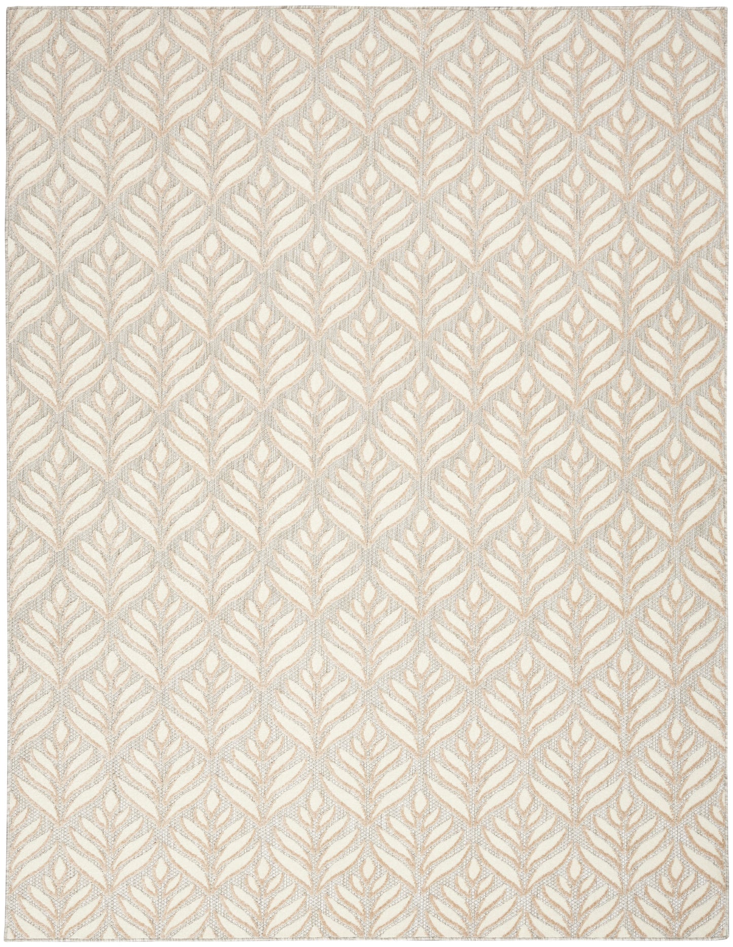 Cream rug with taupe leafy trellis pattern and woven texture.