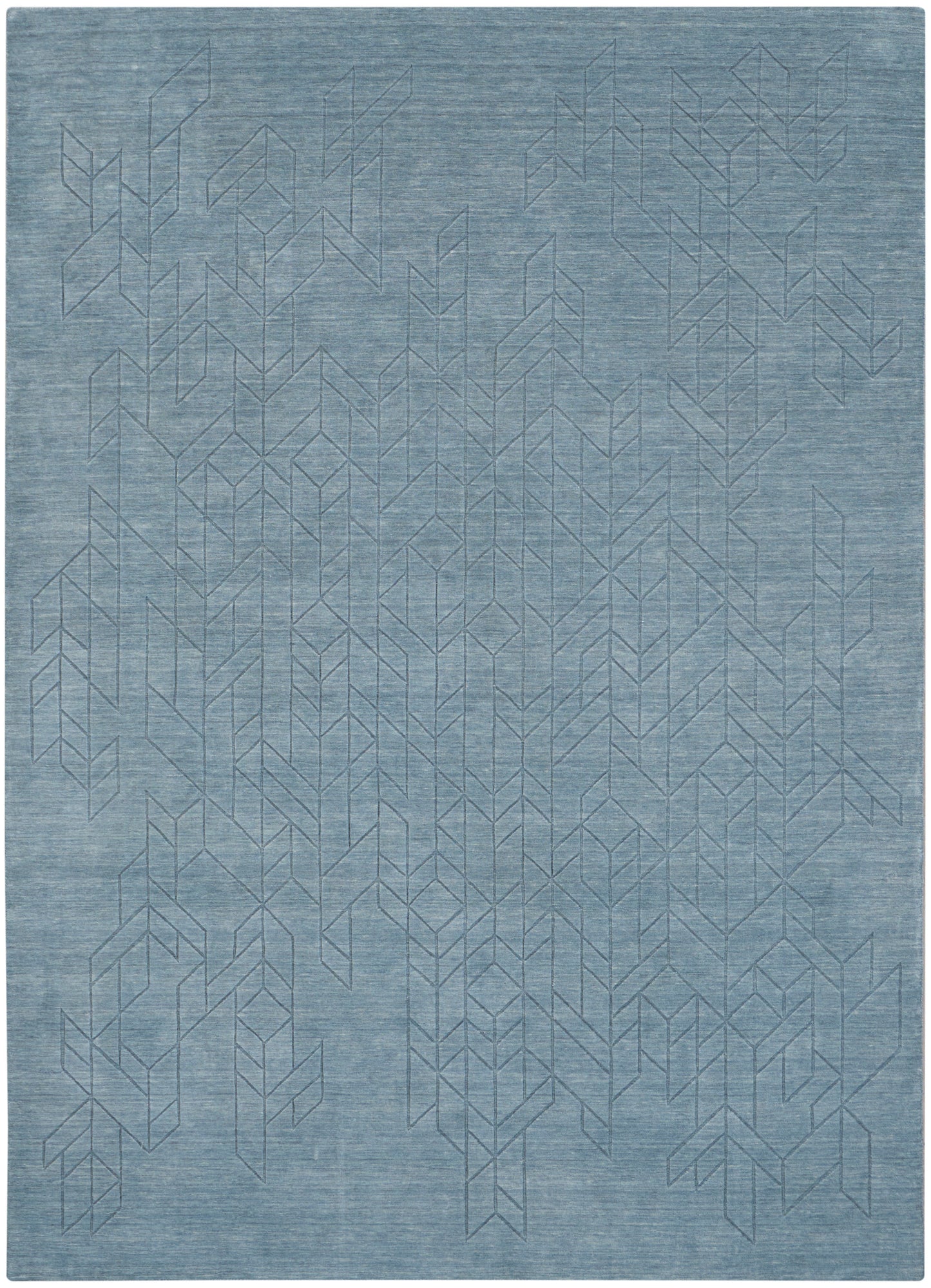 Blue-gray woven rug with a subtle geometric chevron line pattern; soft, textured, rectangular floor covering.