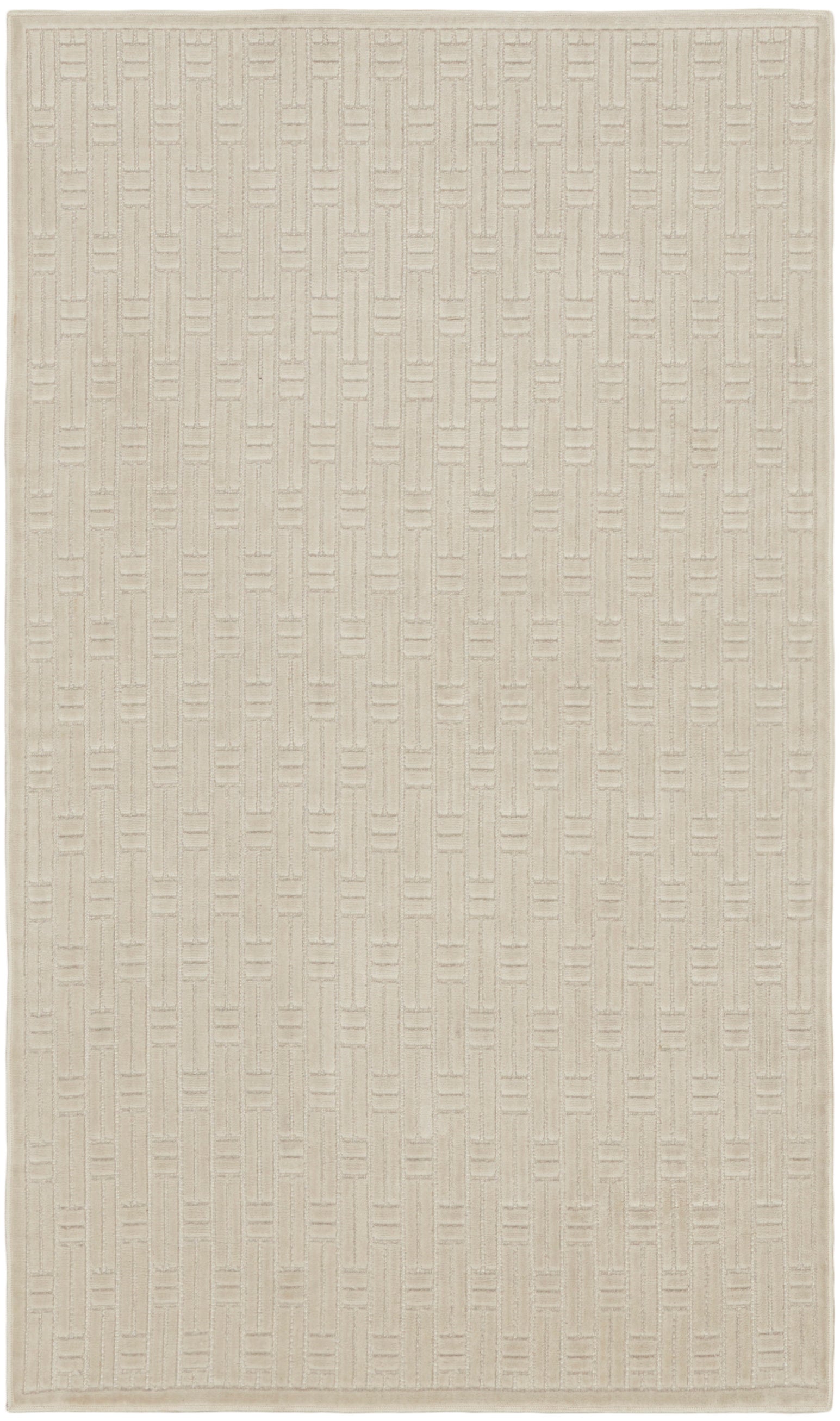 Beige rectangular area rug with subtle woven geometric pattern; neutral, versatile floor covering.