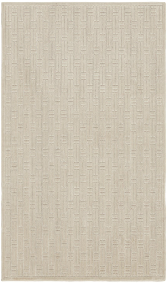 Beige rectangular area rug with subtle woven geometric pattern; neutral, versatile floor covering.
