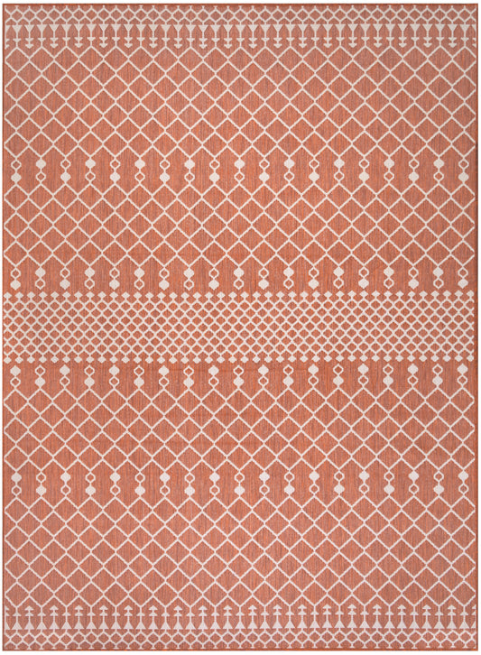 Rectangular terracotta rug with white lattice diamond pattern and dotted horizontal bands.
