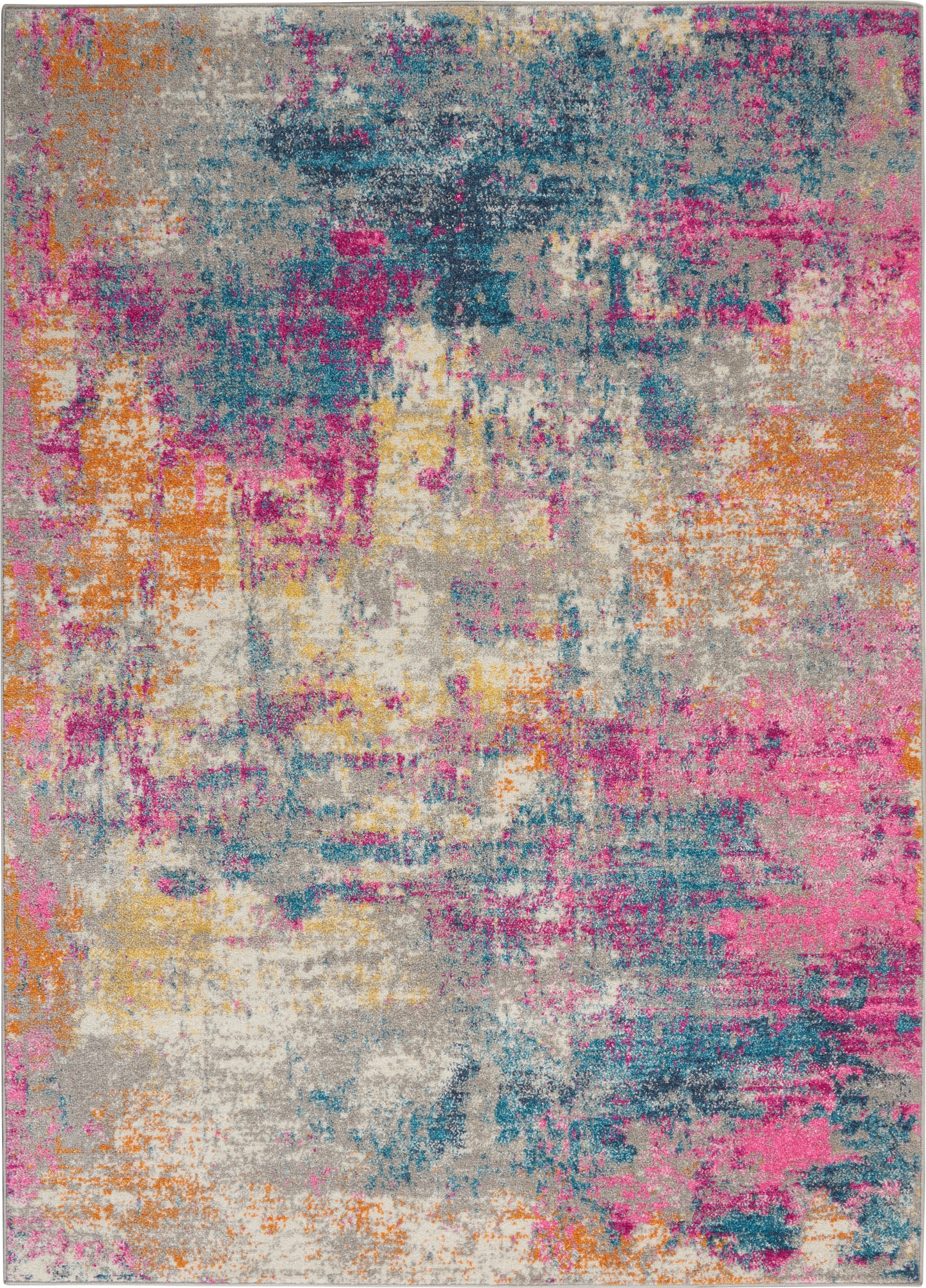 Modern abstract area rug with pink, teal, orange and yellow color blocks on a beige-gray base.