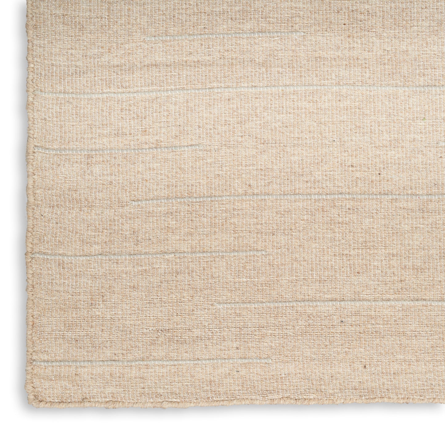 Beige woven rug with natural fiber texture and subtle horizontal lines.