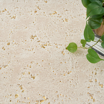 Beige terrazzo surface with gold flecks and a green pothos plant in the corner.
