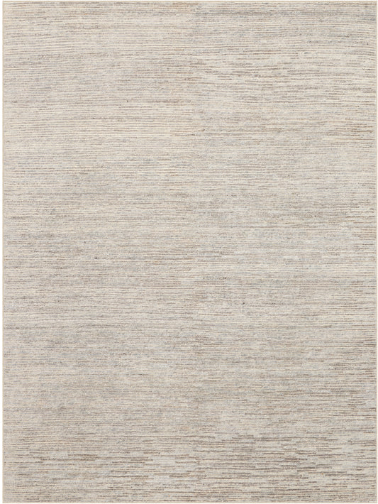 Beige-gray rectangular rug with a soft, textured surface and subtle horizontal banding; a versatile neutral decor piece.