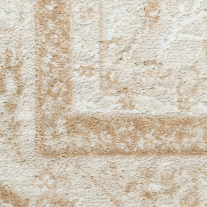 Cream and beige shag rug with tan border, plush textured pile for cozy living spaces.