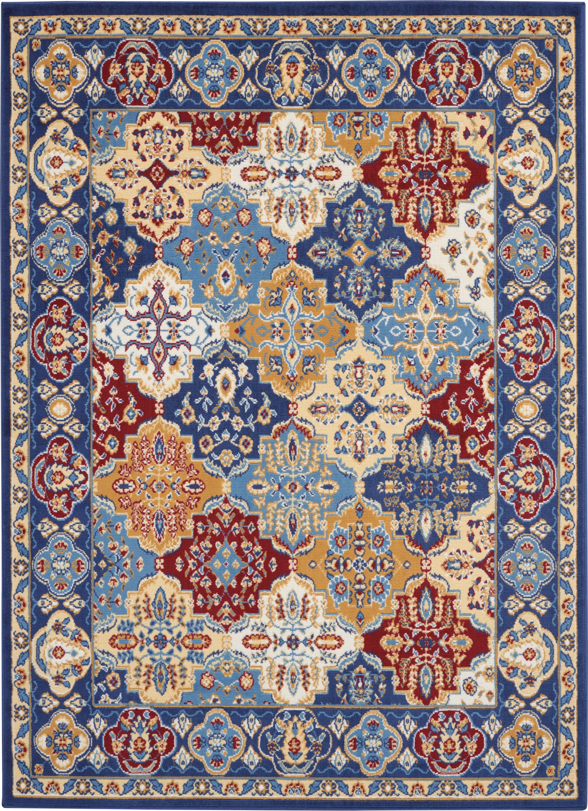 Rectangular Persian-inspired area rug with blue, cream, red and gold floral medallions and a decorative border.