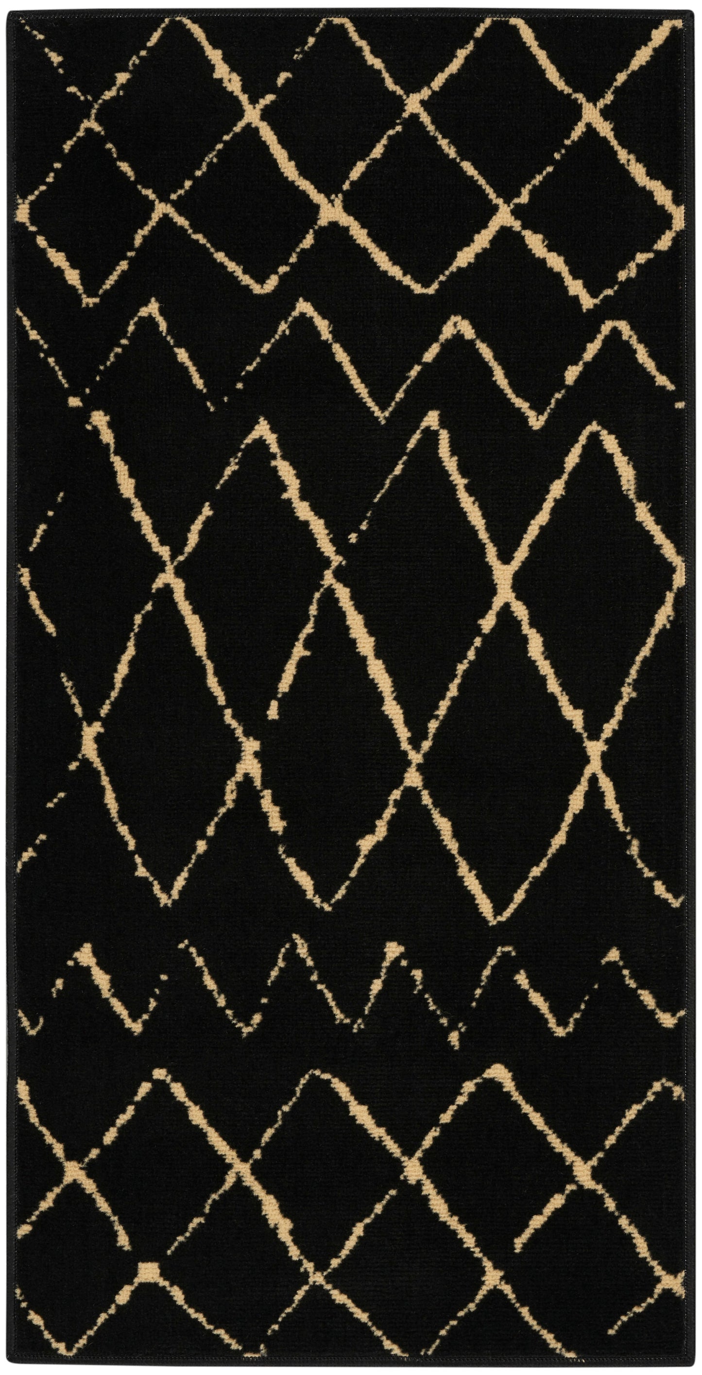 Rectangular black rug with a gold lattice/diamond trellis pattern; modern geometric accent for living spaces.