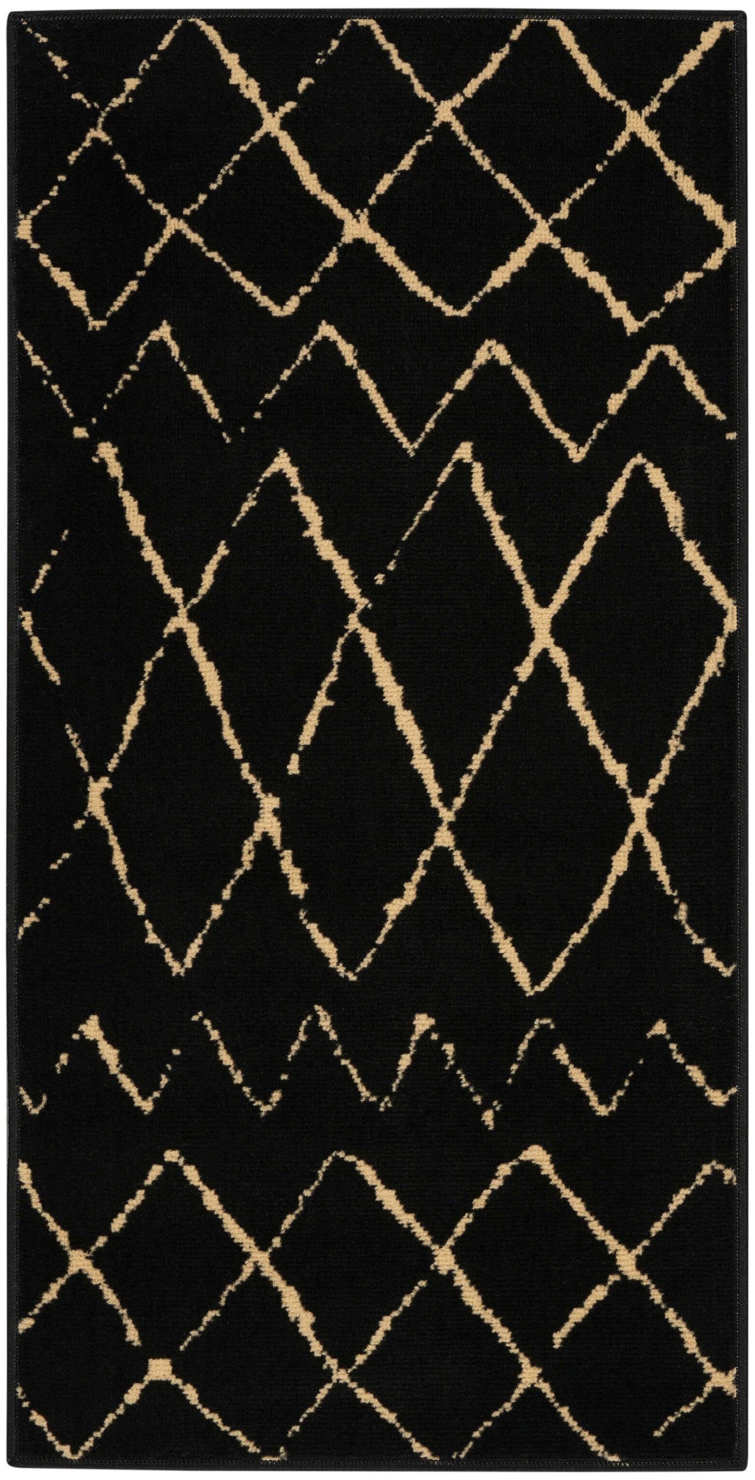 Rectangular black rug with a gold lattice/diamond trellis pattern; modern geometric accent for living spaces.