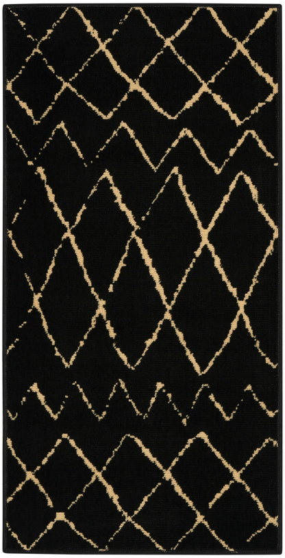 Rectangular black rug with a gold lattice/diamond trellis pattern; modern geometric accent for living spaces.