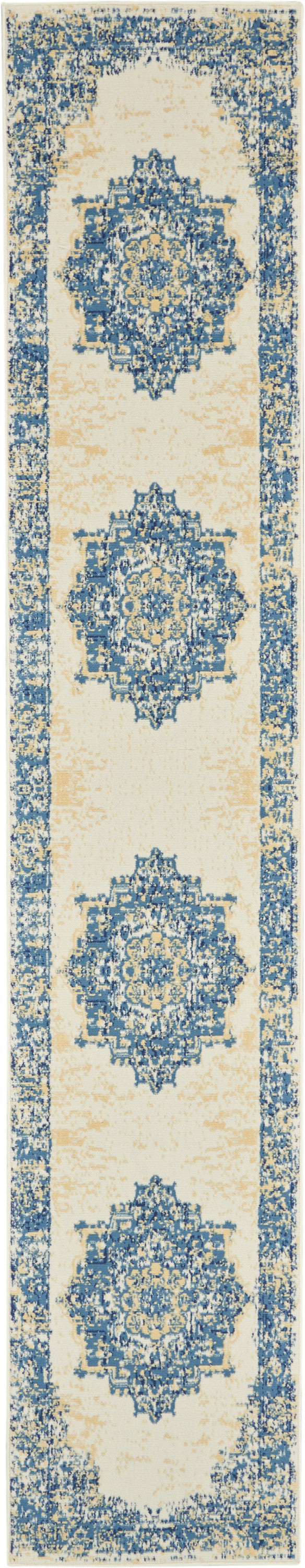 Cream runner rug with blue ornate medallions in a vertical row and a blue patterned border.