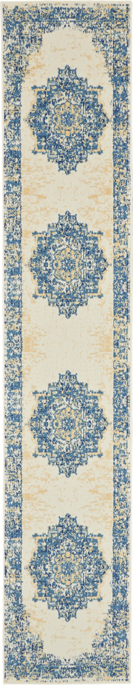 Cream runner rug with blue ornate medallions in a vertical row and a blue patterned border.