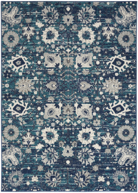 Teal & navy oriental area rug with ivory floral medallions and distressed vintage look.
