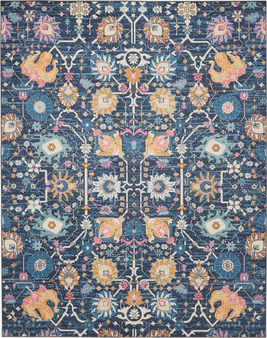 Blue oriental rug with ornate floral damask pattern in peach, pink, teal and ivory.