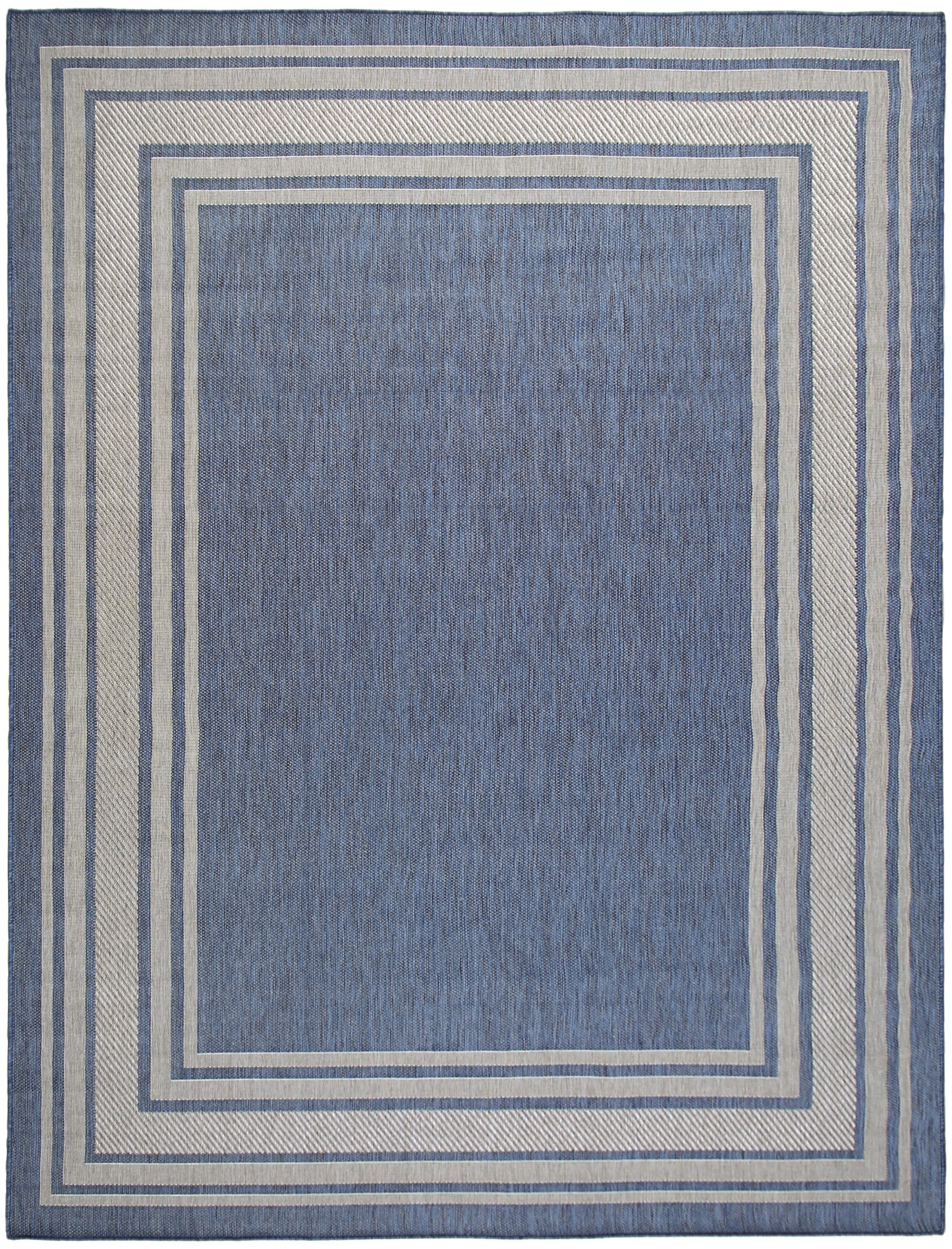 Blue rug with concentric light-blue and cream borders around a denim center; modern geometric style.