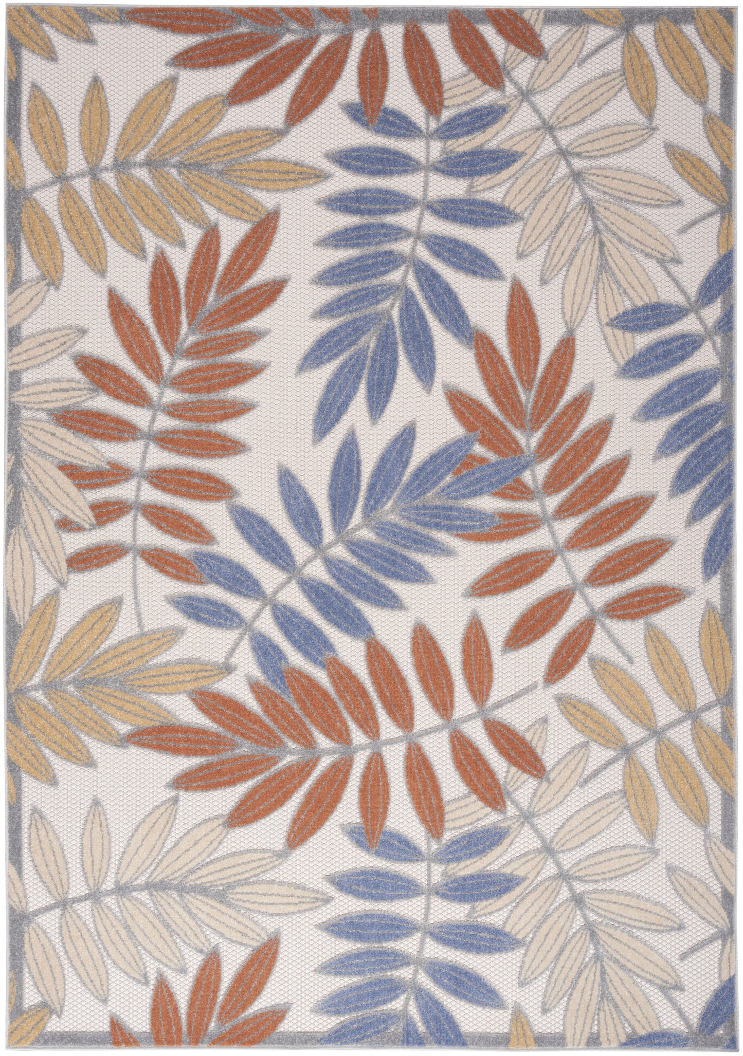 Textured woven rug with cream background and rust, blue, and pale beige leaf clusters; framed border, botanical style.
