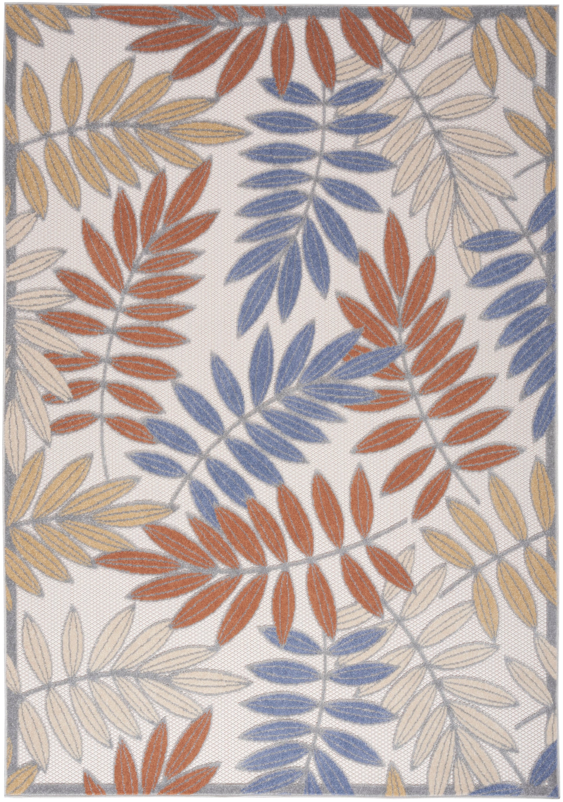 Textured woven rug with cream background and rust, blue, and pale beige leaf clusters; framed border, botanical style.