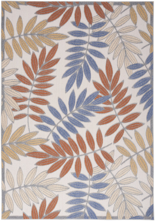 Textured woven rug with cream background and rust, blue, and pale beige leaf clusters; framed border, botanical style.