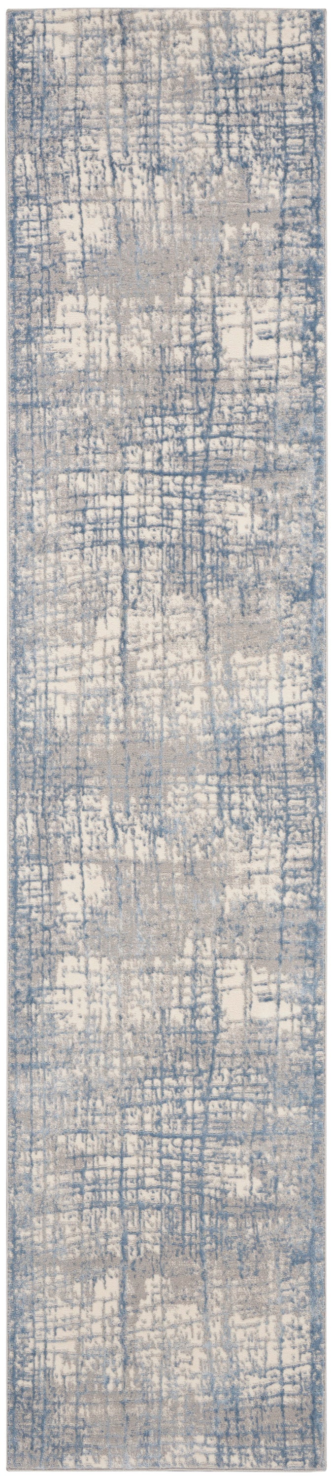 Rectangular rug runner in blue and beige with an abstract distressed grid pattern and woven texture.