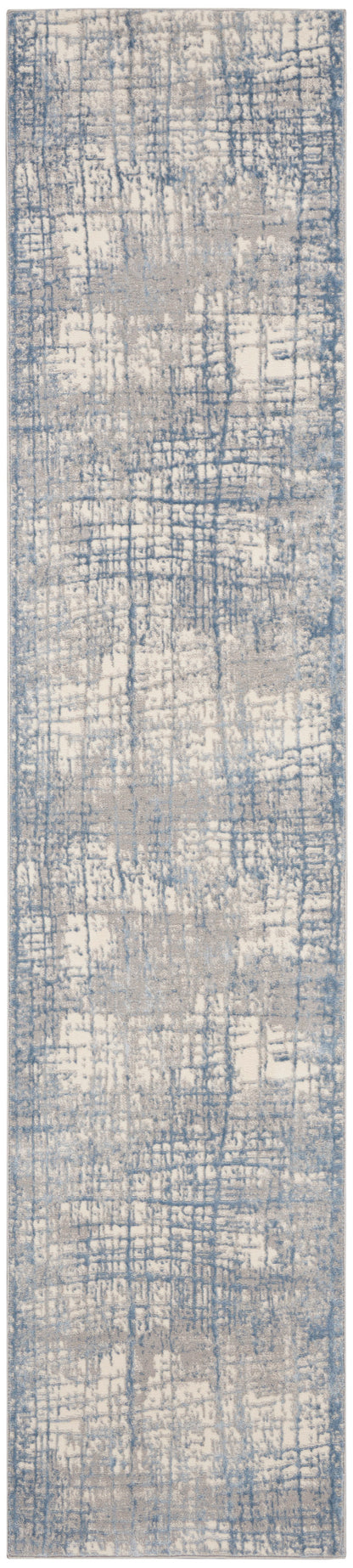 Rectangular rug runner in blue and beige with an abstract distressed grid pattern and woven texture.