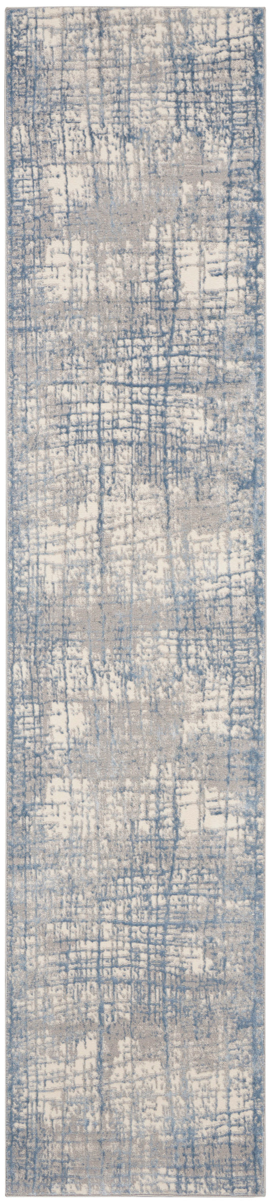 Rectangular rug runner in blue and beige with an abstract distressed grid pattern and woven texture.