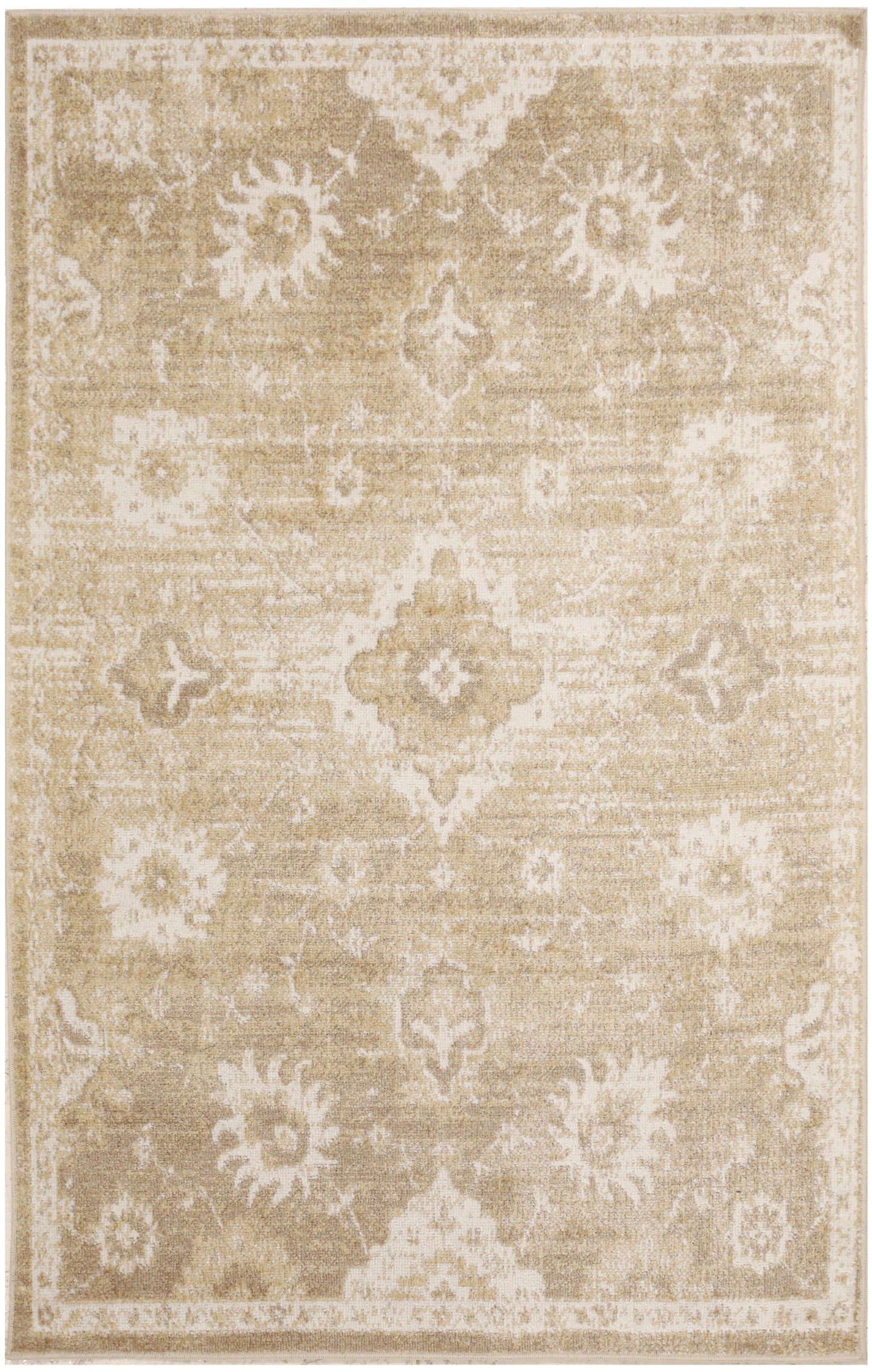 Beige distressed oriental rug with cream floral medallions, rectangular shape, soft pile for neutral living room decor.